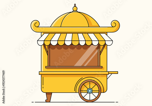 A charming yellow ice cream cart with a decorative canopy and a window display isolated on transparent background, Vector