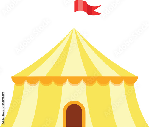A cheerful circus tent with a red flag waving on top of its peak isolated on transparent background, Vector