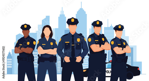 Modern vector illustration of diverse police officers standing confidently together in urban environment representing teamwork, public safety, protection and professional law enforcement service