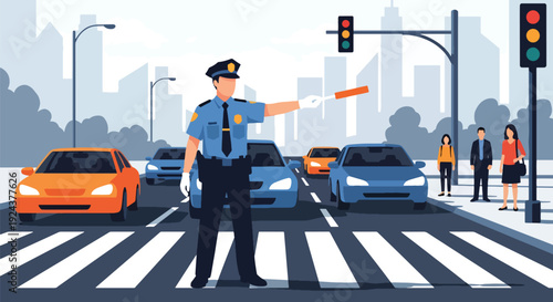 Modern vector illustration of police officer directing traffic at busy city intersection with cars and pedestrians showing road safety, transportation control and professional public service concept