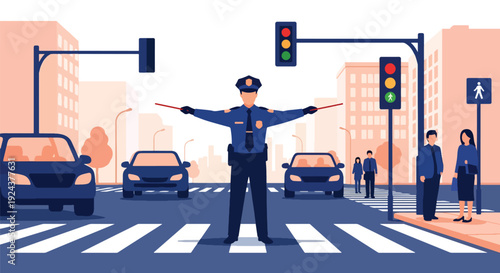 Modern vector illustration of police officer directing traffic at busy city intersection with cars and pedestrians showing road safety, transportation control and professional public service concept