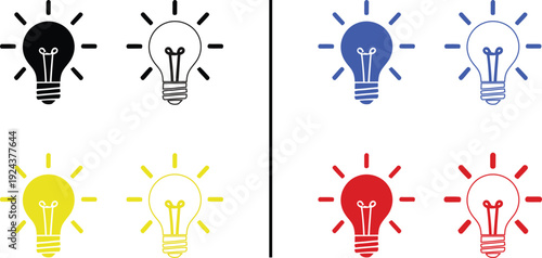 light bulb icon isolated on white background, vector illustration of creative idea and innovation concept in solid and outline styles with multiple colors.
