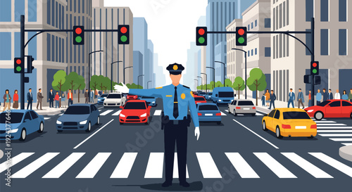 Modern vector illustration of police officer directing traffic at busy city intersection with cars and pedestrians showing road safety, transportation control and professional public service concept