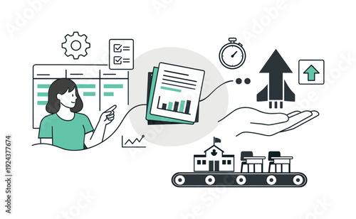 Modern minimal flat vector conceptual collage, crisp hard edges, consistent THIN outline stroke, rounded corners where needed,