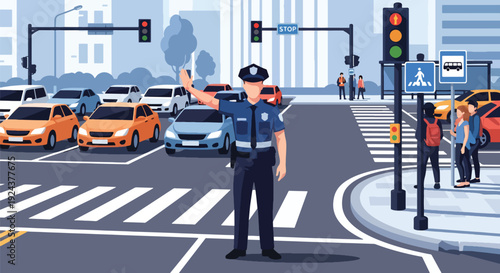Modern vector illustration of police officer directing traffic at busy city intersection with cars and pedestrians showing road safety, transportation control and professional public service concept