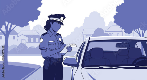 Modern vector illustration of police officer issuing traffic ticket to driver roadside showing law enforcement duty, regulation compliance and professional public safety service in city environment