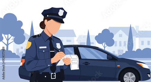 Modern vector illustration of police officer issuing traffic ticket to driver roadside showing law enforcement duty, regulation compliance and professional public safety service in city environment