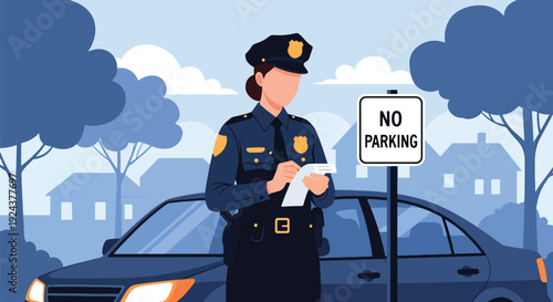 Modern vector illustration of police officer issuing traffic ticket to driver roadside showing law enforcement duty, regulation compliance and professional public safety service in city environment
