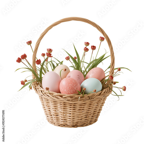 Spring Wreath With Flowers and Decorative Eggs in Various Colors