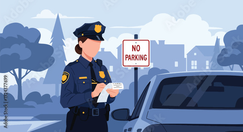 Modern vector illustration of police officer issuing traffic ticket to driver roadside showing law enforcement duty, regulation compliance and professional public safety service in city environment