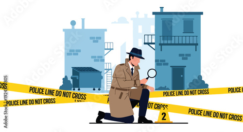 Modern vector illustration of police detective investigating crime scene with caution tape and evidence markers representing forensic work, justice process and professional law enforcement service