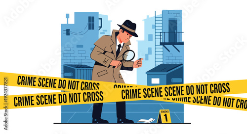 Modern vector illustration of police detective investigating crime scene with caution tape and evidence markers representing forensic work, justice process and professional law enforcement service