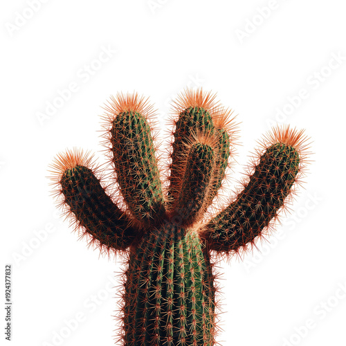 Cactus With Multiple Arms Standing Against a White Background in a Simple and...