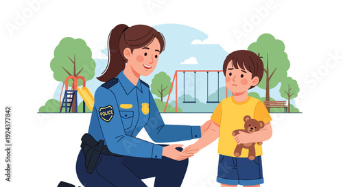 Modern vector illustration of friendly police officer helping lost child in public park representing community protection, kindness, public trust and responsible law enforcement service