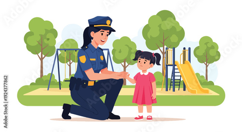 Modern vector illustration of friendly police officer helping lost child in public park representing community protection, kindness, public trust and responsible law enforcement service