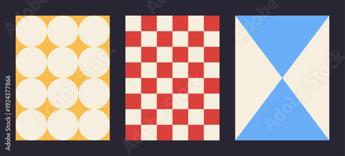 Retro groovy geometric abstract pattern set with circle tile motif, checkerboard background and diamond triangle composition, red blue and yellow vector illustration