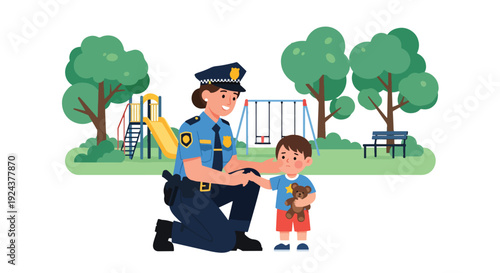 Modern vector illustration of friendly police officer helping lost child in public park representing community protection, kindness, public trust and responsible law enforcement service