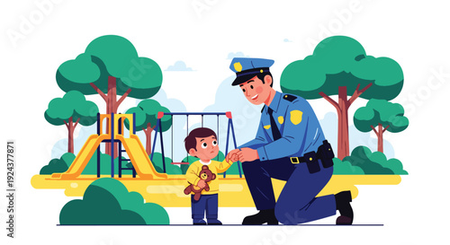 Modern vector illustration of friendly police officer helping lost child in public park representing community protection, kindness, public trust and responsible law enforcement service