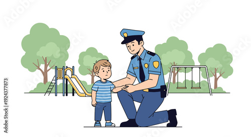 Modern vector illustration of friendly police officer helping lost child in public park representing community protection, kindness, public trust and responsible law enforcement service