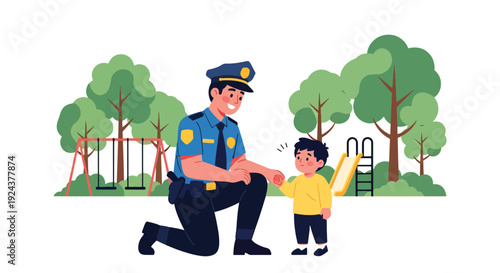 Modern vector illustration of friendly police officer helping lost child in public park representing community protection, kindness, public trust and responsible law enforcement service