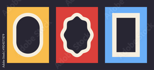 Retro groovy geometric abstract frame set with oval, scalloped and rectangular ornamental borders, red blue and yellow vector illustration