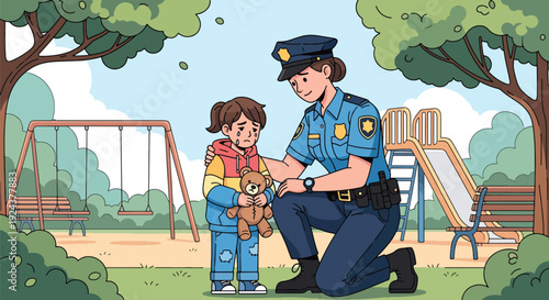 Modern vector illustration of friendly police officer helping lost child in public park representing community protection, kindness, public trust and responsible law enforcement service