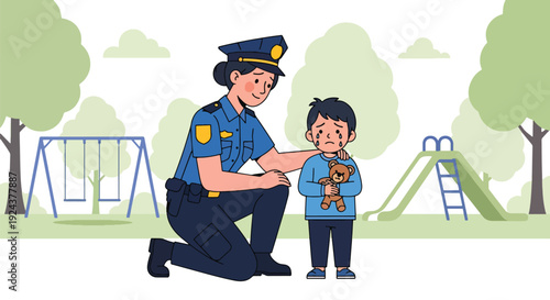 Modern vector illustration of friendly police officer helping lost child in public park representing community protection, kindness, public trust and responsible law enforcement service