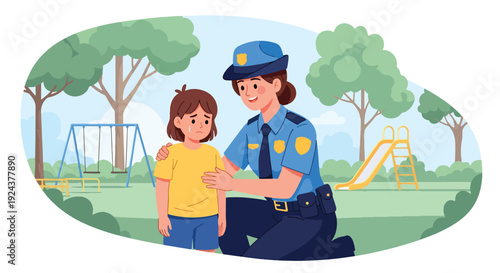 Modern vector illustration of friendly police officer helping lost child in public park representing community protection, kindness, public trust and responsible law enforcement service