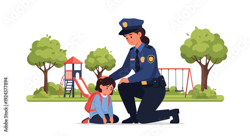 Modern vector illustration of friendly police officer helping lost child in public park representing community protection, kindness, public trust and responsible law enforcement service