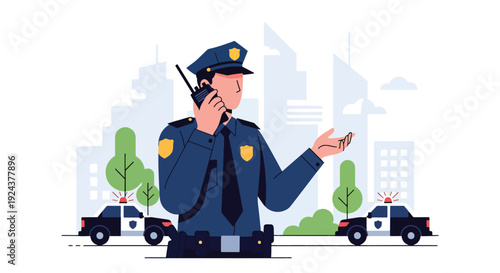 Modern vector illustration of police officer using radio communication coordinating field operation representing teamwork, emergency response and efficient law enforcement service