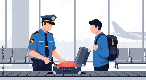 Modern vector illustration of airport police checking passenger luggage ensuring travel safety, border security and professional law enforcement presence in transportation environment