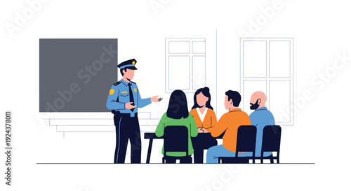 Modern vector illustration of police officer speaking with citizens at community meeting promoting trust, cooperation, public safety awareness and responsible law enforcement service