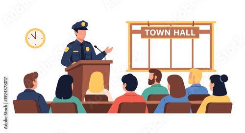 Modern vector illustration of police officer speaking with citizens at community meeting promoting trust, cooperation, public safety awareness and responsible law enforcement service