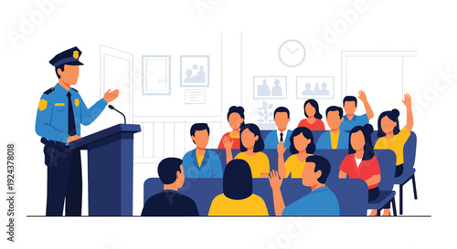 Modern vector illustration of police officer speaking with citizens at community meeting promoting trust, cooperation, public safety awareness and responsible law enforcement service