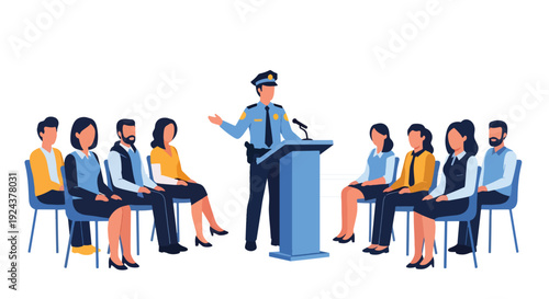 Modern vector illustration of police officer speaking with citizens at community meeting promoting trust, cooperation, public safety awareness and responsible law enforcement service