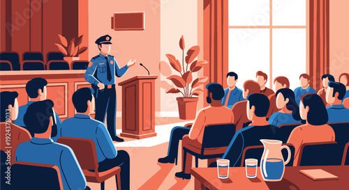Modern vector illustration of police officer speaking with citizens at community meeting promoting trust, cooperation, public safety awareness and responsible law enforcement service