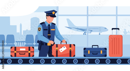 Modern vector illustration of airport police checking passenger luggage ensuring travel safety, border security and professional law enforcement presence in transportation environment