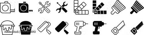 Construction and Painting Tool Icons—Drill, Paint Roller, Brush, Saw, and Handyman Equipment Vector Set