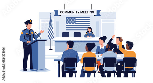 Modern vector illustration of police officer speaking with citizens at community meeting promoting trust, cooperation, public safety awareness and responsible law enforcement service