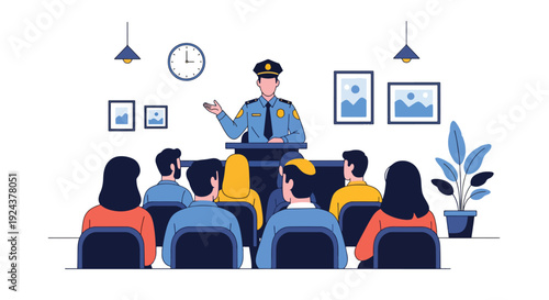 Modern vector illustration of police officer speaking with citizens at community meeting promoting trust, cooperation, public safety awareness and responsible law enforcement service