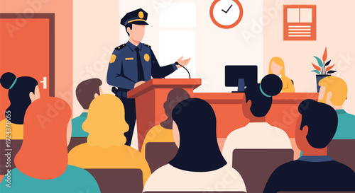 Modern vector illustration of police officer speaking with citizens at community meeting promoting trust, cooperation, public safety awareness and responsible law enforcement service