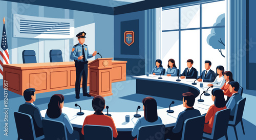 Modern vector illustration of police officer speaking with citizens at community meeting promoting trust, cooperation, public safety awareness and responsible law enforcement service