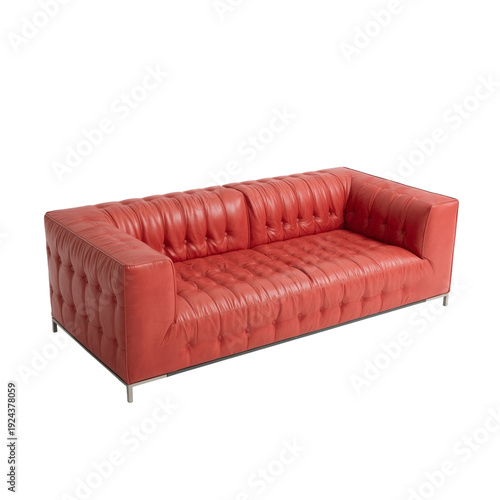 Modern Red Sofa With Tufted Design Situated in a Bright Living Room Environment
