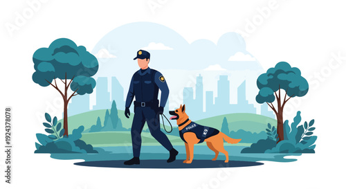 Modern vector illustration of police dog K9 unit training with handler in outdoor field representing discipline, teamwork, security service and professional law enforcement operations