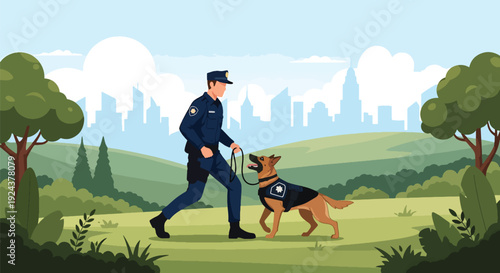 Modern vector illustration of police dog K9 unit training with handler in outdoor field representing discipline, teamwork, security service and professional law enforcement operations