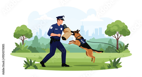 Modern vector illustration of police dog K9 unit training with handler in outdoor field representing discipline, teamwork, security service and professional law enforcement operations