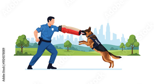 Modern vector illustration of police dog K9 unit training with handler in outdoor field representing discipline, teamwork, security service and professional law enforcement operations