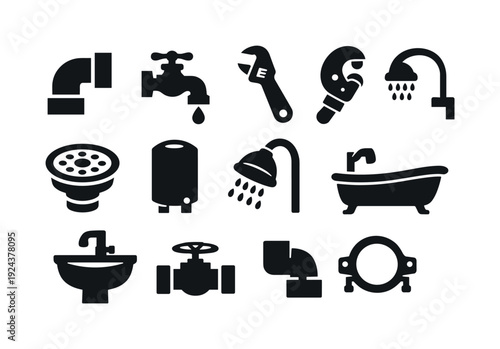Solid vector icons of plumbing and fixtures: pipe, faucet, wrench, pipe cutter, drain, water heater, showerhead, bathtub, sink,