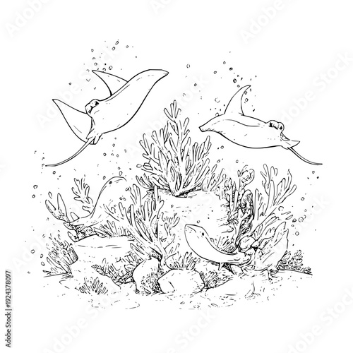 Manta Rays Swimming Over Coral Reef Underwater