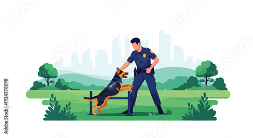 Modern vector illustration of police dog K9 unit training with handler in outdoor field representing discipline, teamwork, security service and professional law enforcement operations